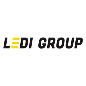 Ledi Groupin musta keltainen logo valkoisella taustalla.