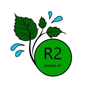 R2 Siivous Oy:n vihreä logo lehtineen ja vesipisaroineen.